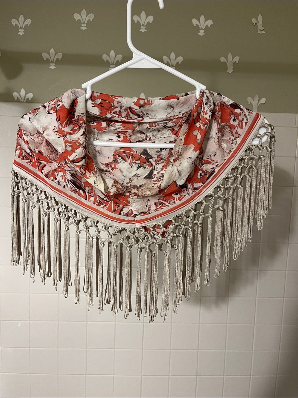 Floral Fringe Triangle Scarf in Coral and Cream